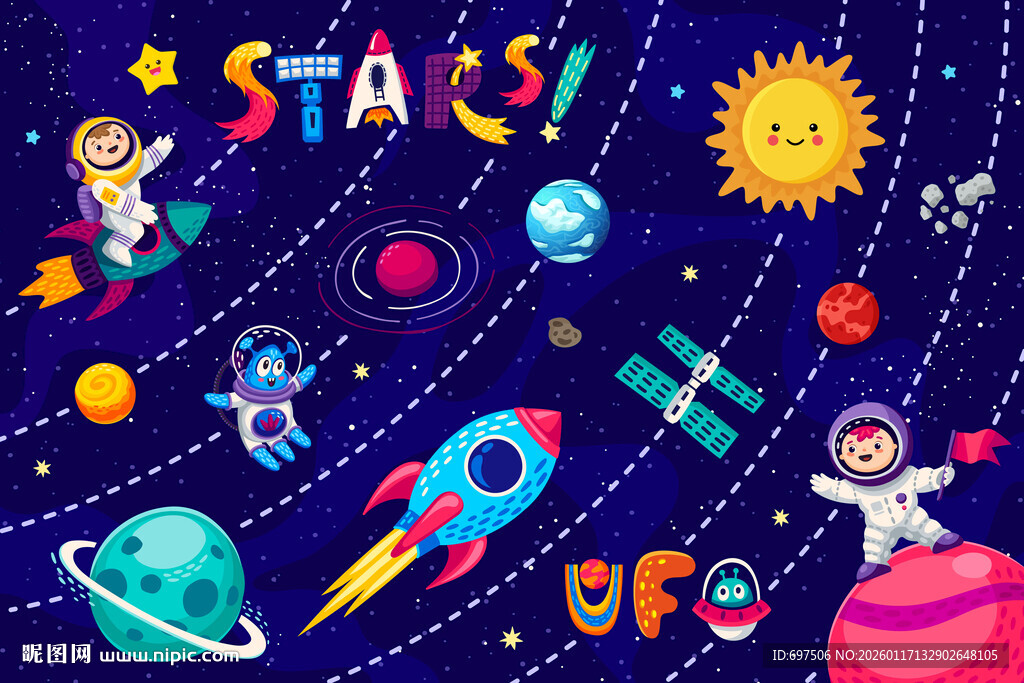 卡通太阳系宇宙星球太空火箭背景