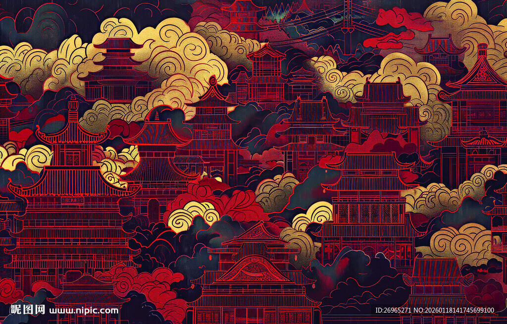 中式山水楼阁轮廓线条背景墙