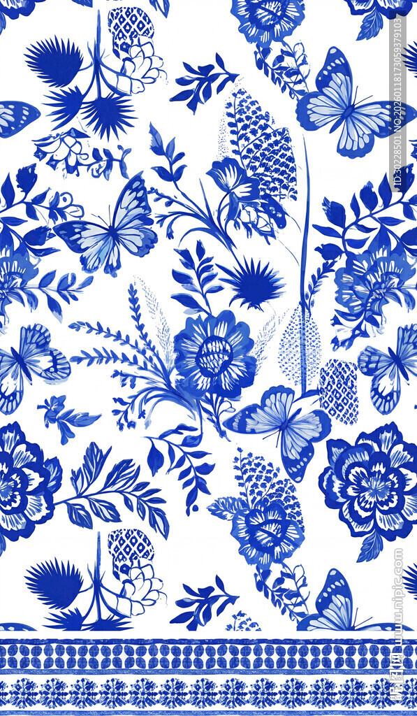 蓝白青花瓷风花卉图案