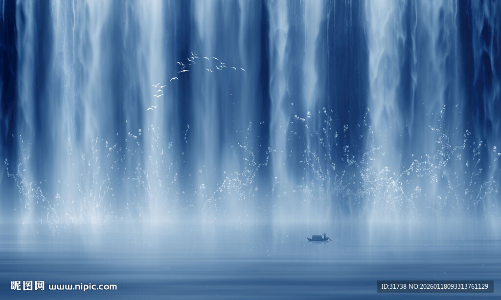 流水生财招财瀑布山水画