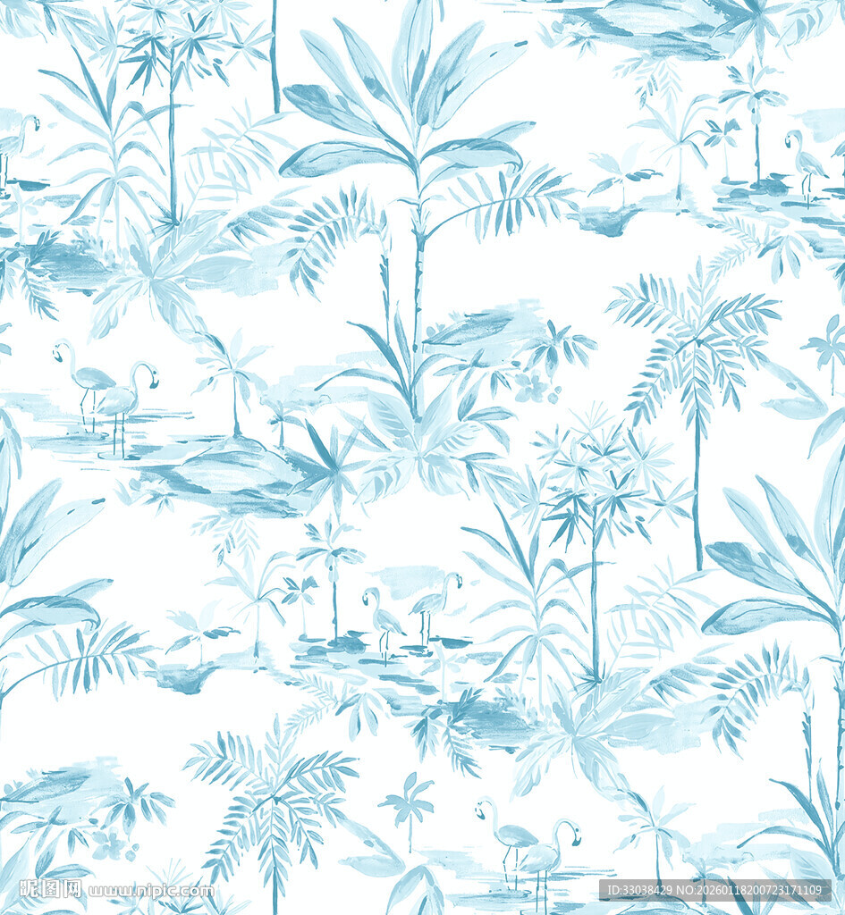 蓝调热带植物花卉图案