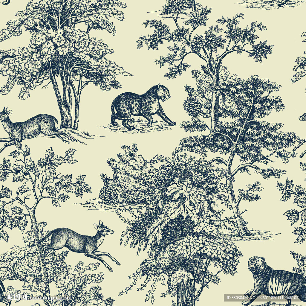 复古动物森林图案布料