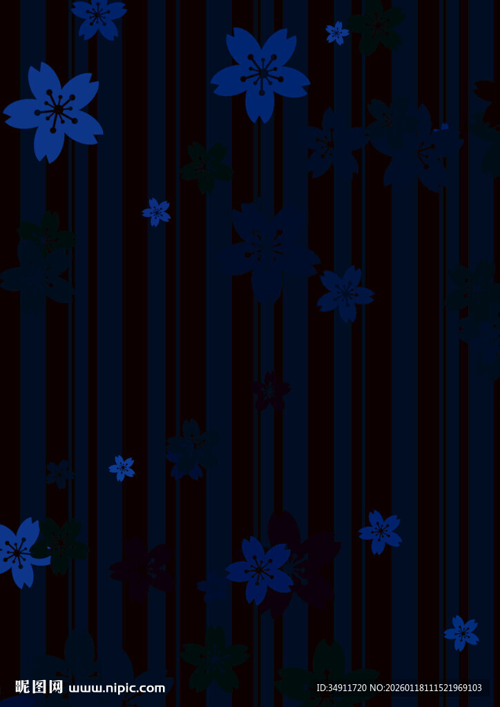 深蓝条纹背景上的蓝色花朵