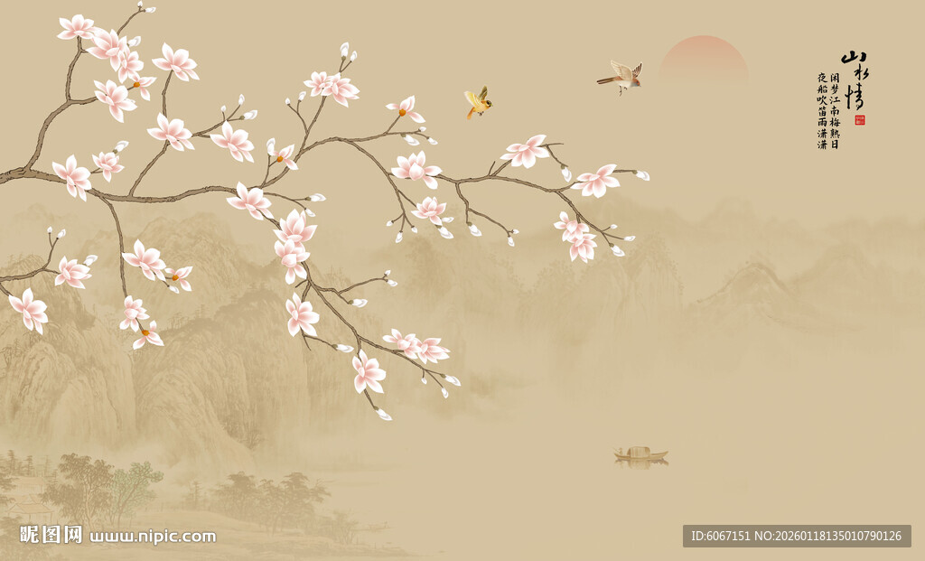 新中式工笔国画花鸟画背景墙