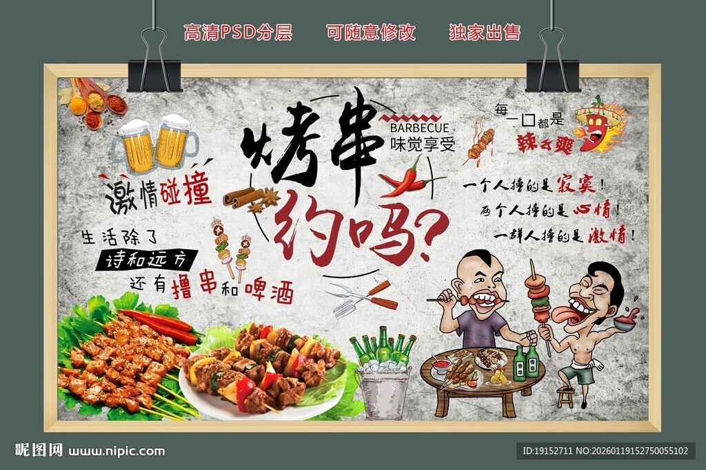 手绘烧烤美食人物背景墙