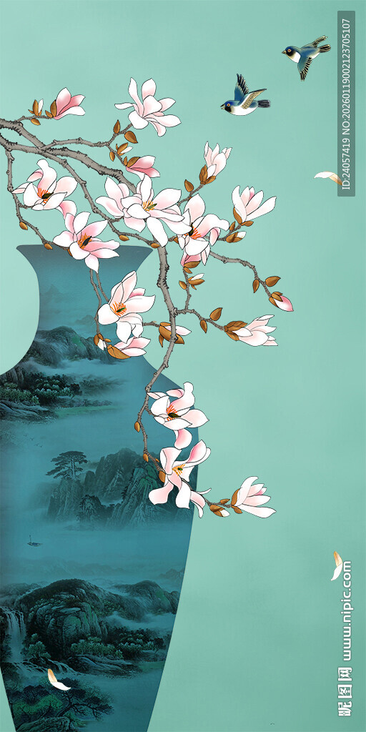 新中式玉兰工笔花鸟花瓶国画山水