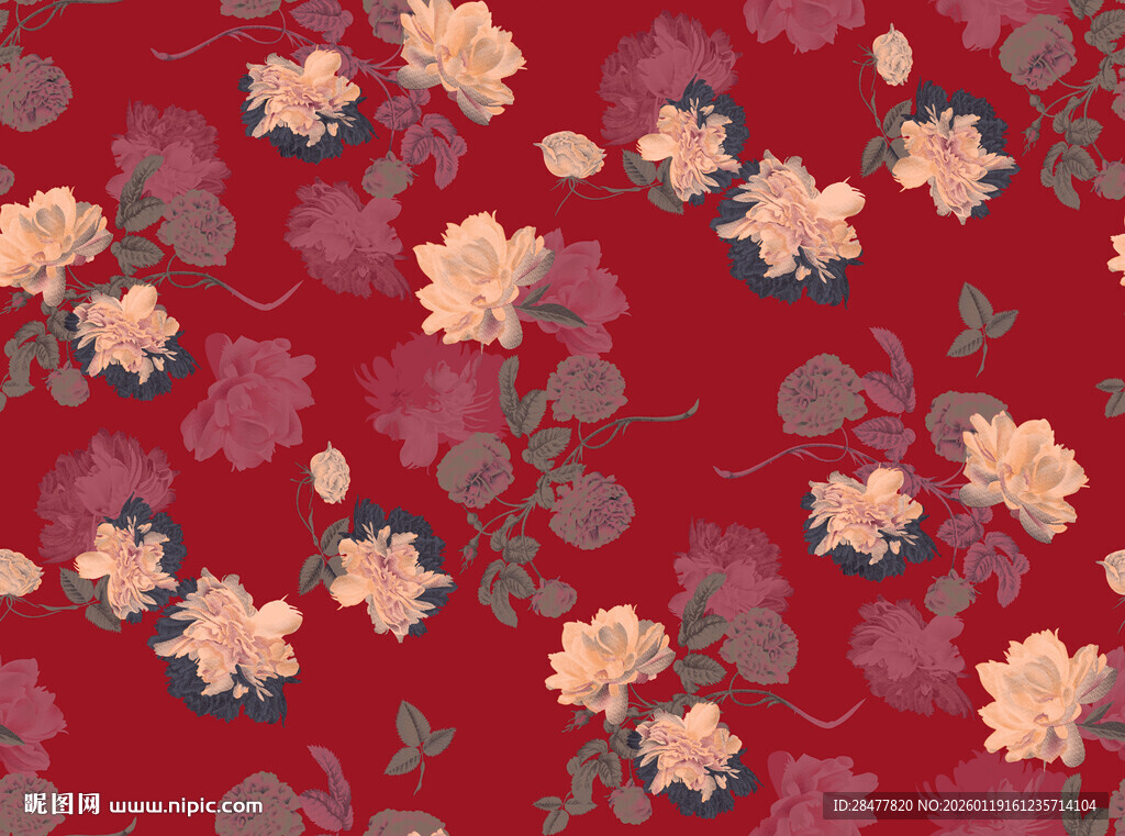 红色花卉图案背景纹理