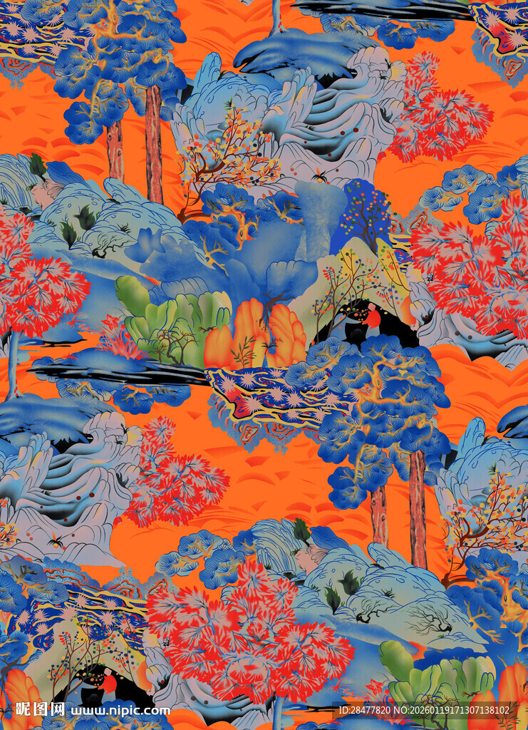 橙色底多彩风景图案纹理