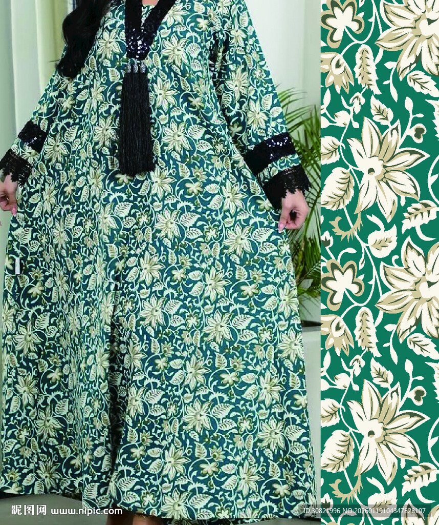 复古绿白花卉图案纹理