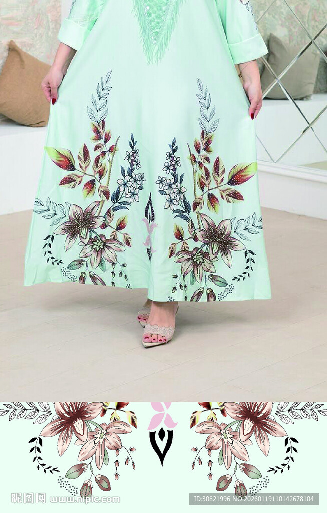 花卉裙子图案绿色长裙展示