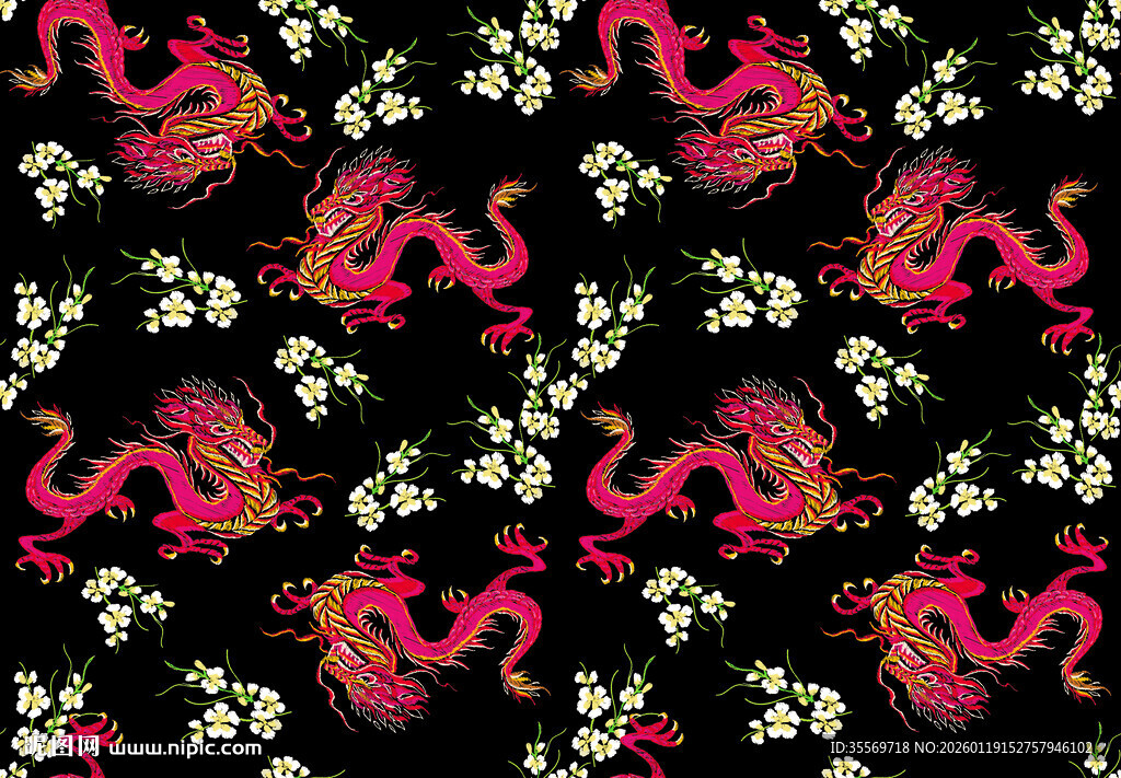 粉色花卉龙纹黑色图案背景