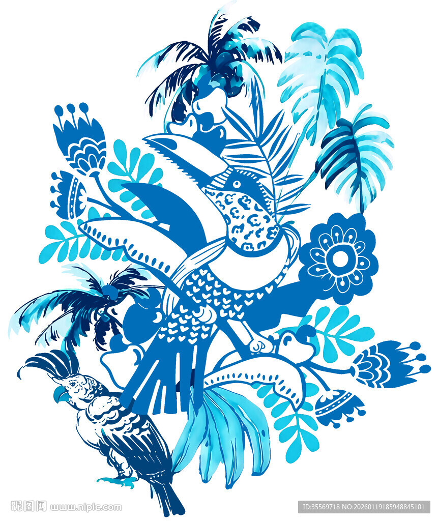 蓝调热带花鸟图案设计