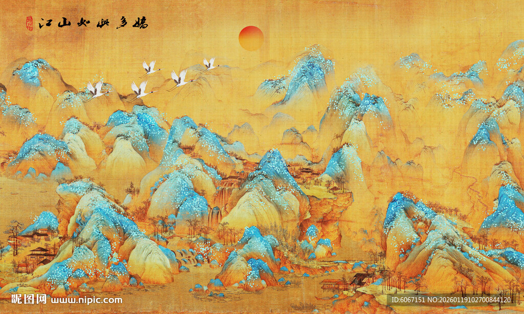 中国风千里江山背景壁画