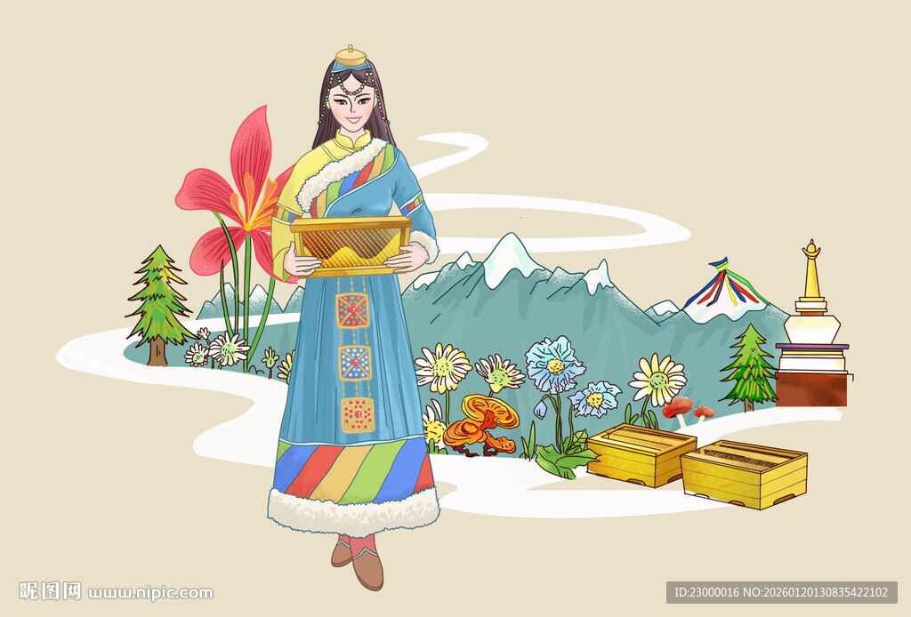 藏族服饰民族原创手绘插画