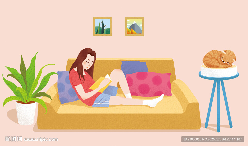 女孩躺沙发看书原创手绘插画插图