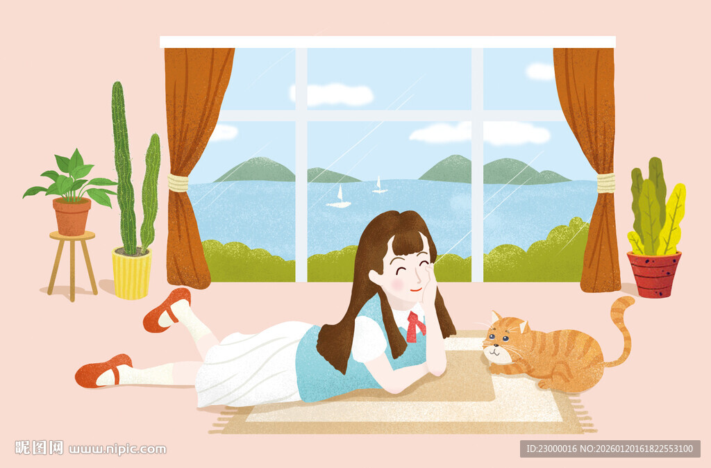 女孩趴着与小猫玩耍原创手绘插画