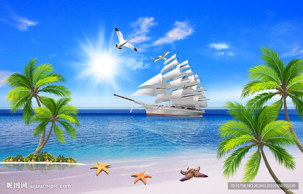 蓝天大海沙滩椰树背景墙