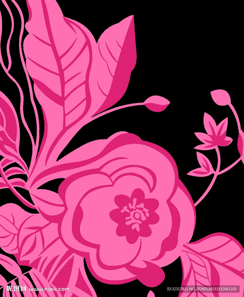粉色花卉黑色背景图案