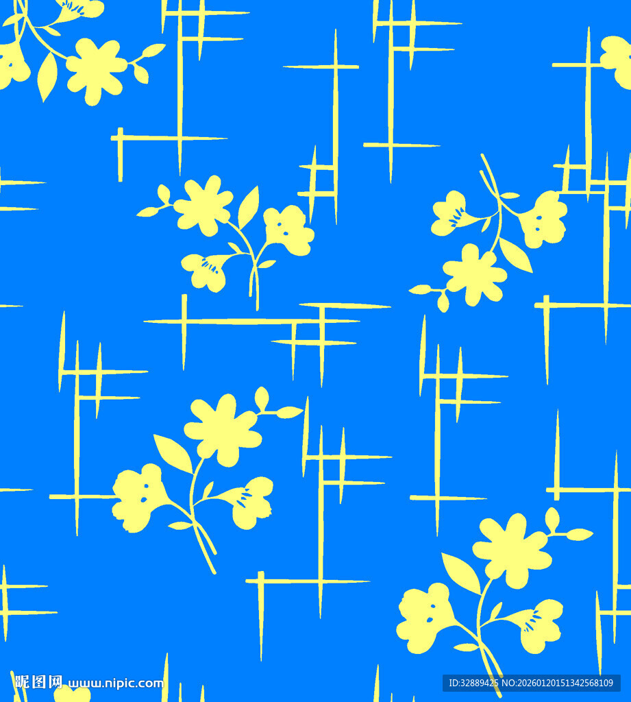 蓝色底黄色小花几何图案