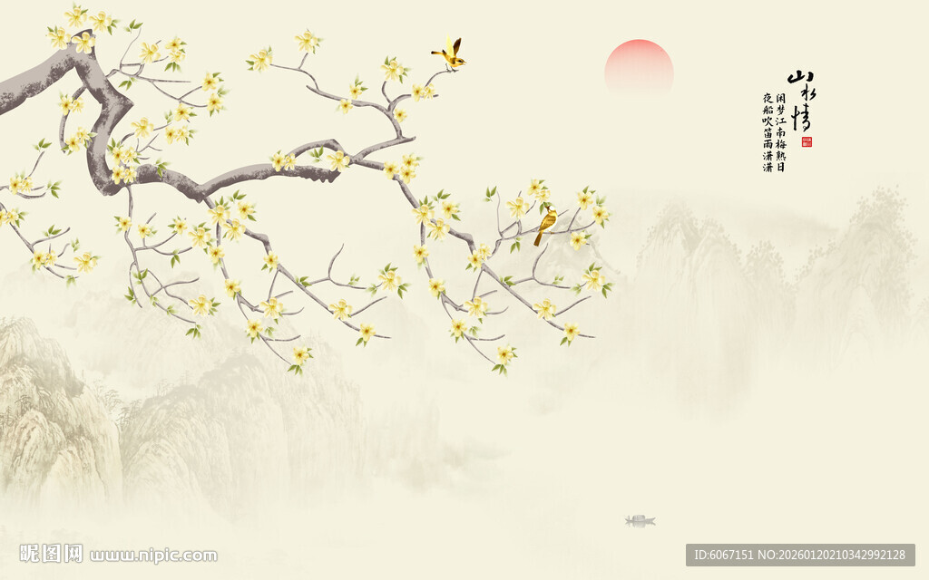 新中式国画工笔花鸟画背景墙