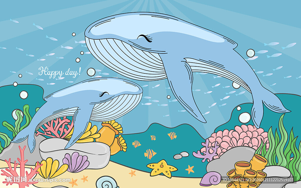 神秘海底世界鲸鱼儿童房背景墙