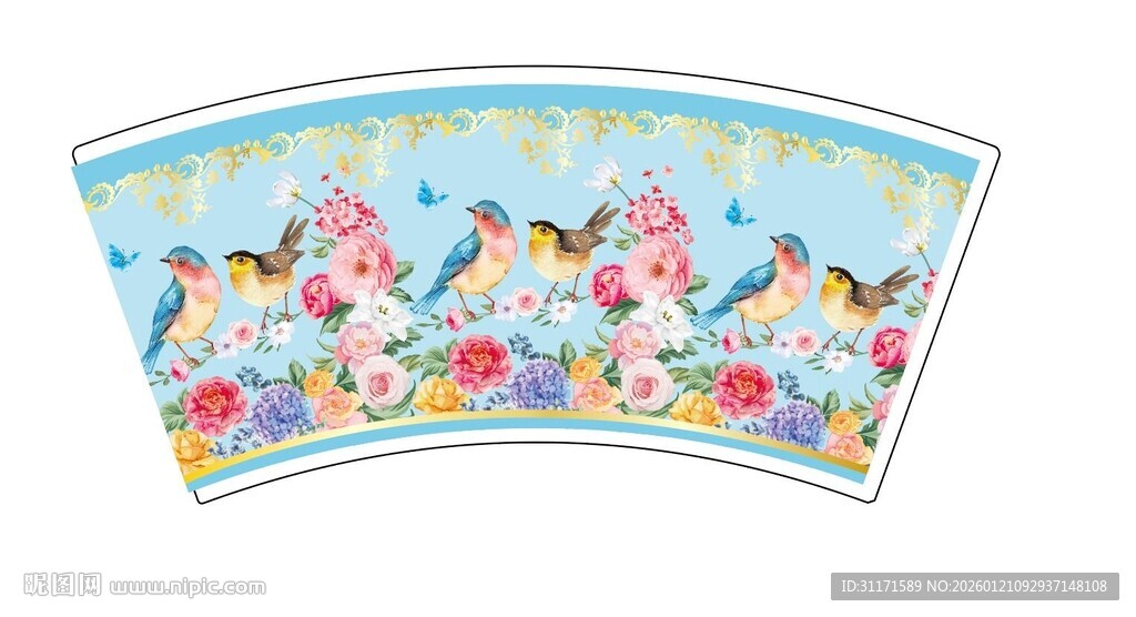 花卉飞鸟扇形装饰图案