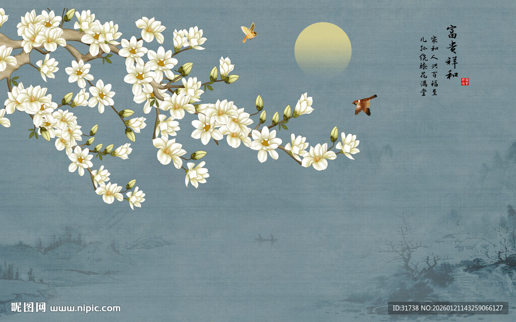 新中式工笔花鸟画背景墙壁画