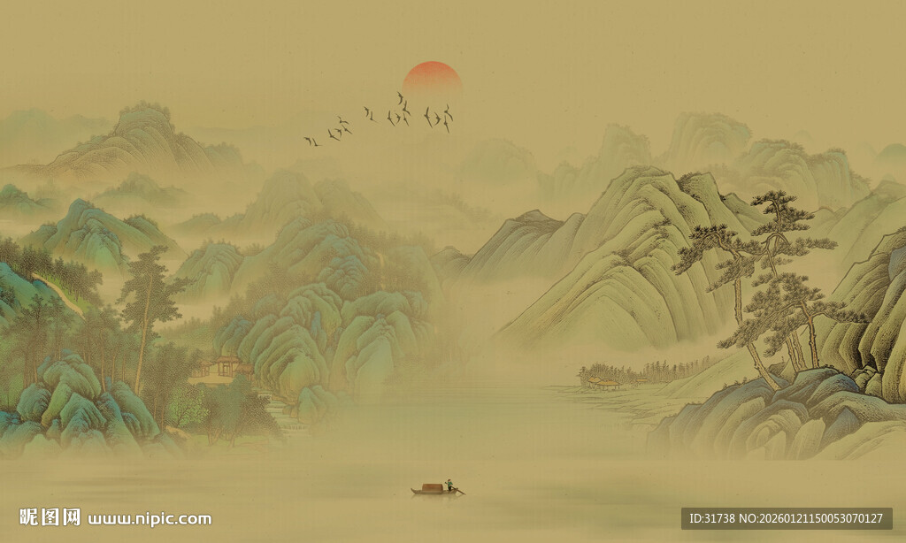 中国风千里江山背景壁画