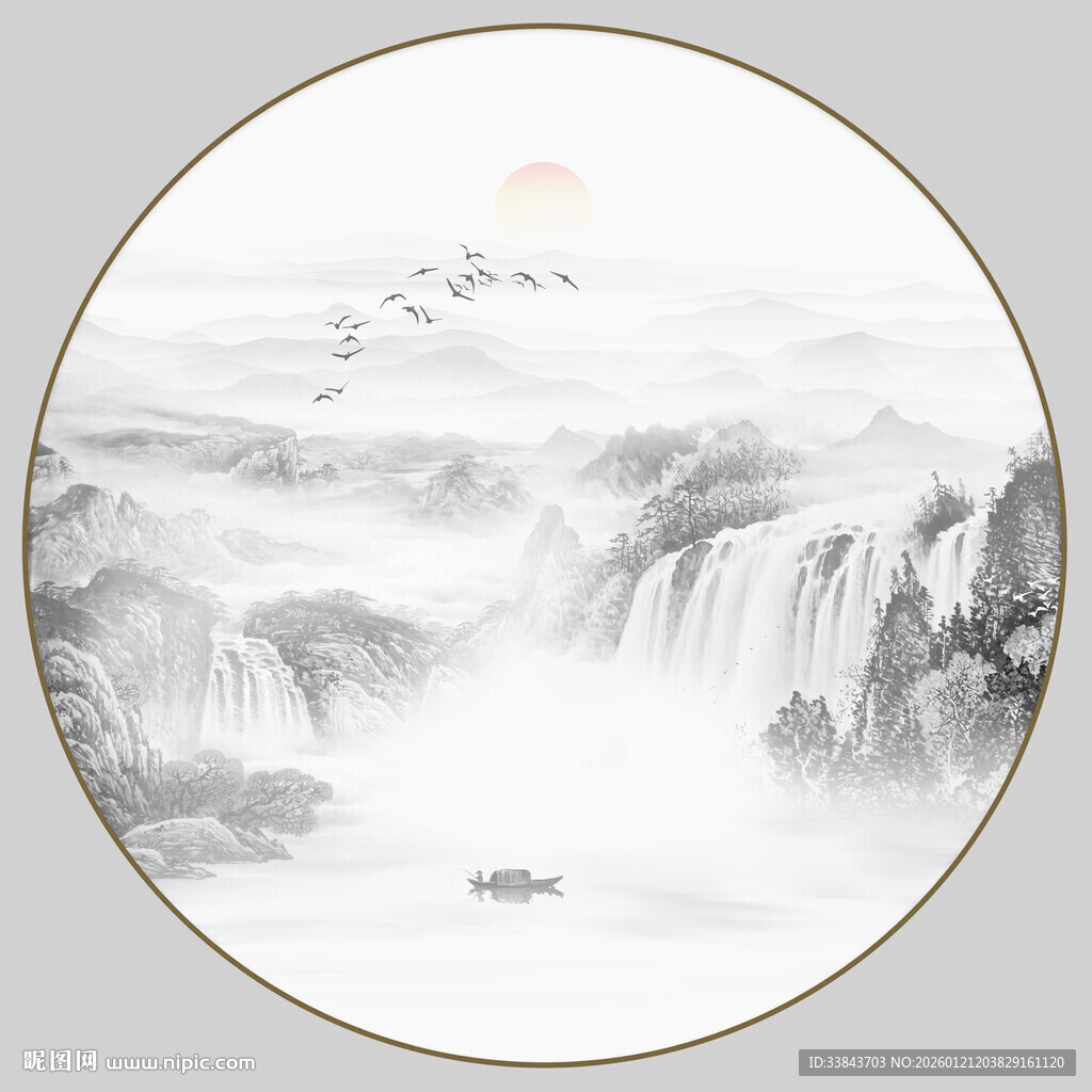 圆形意境水墨山水画