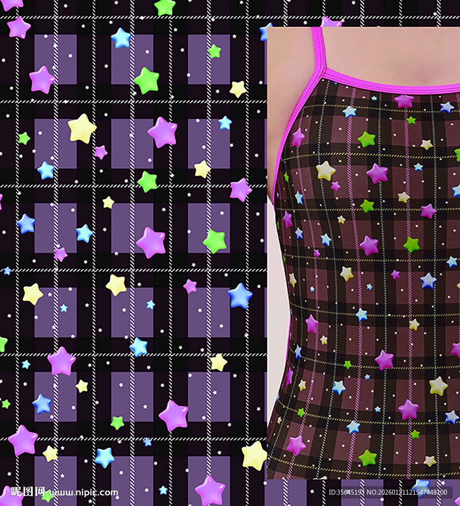 彩色星星条格数码印花图案
