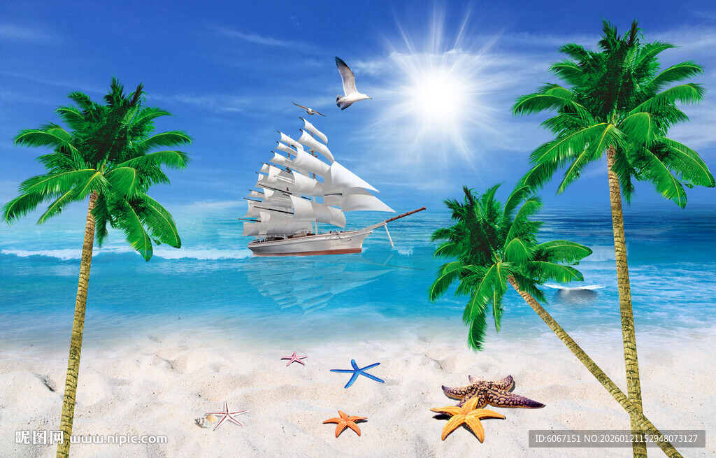 蓝天大海沙滩椰树背景图壁纸壁画
