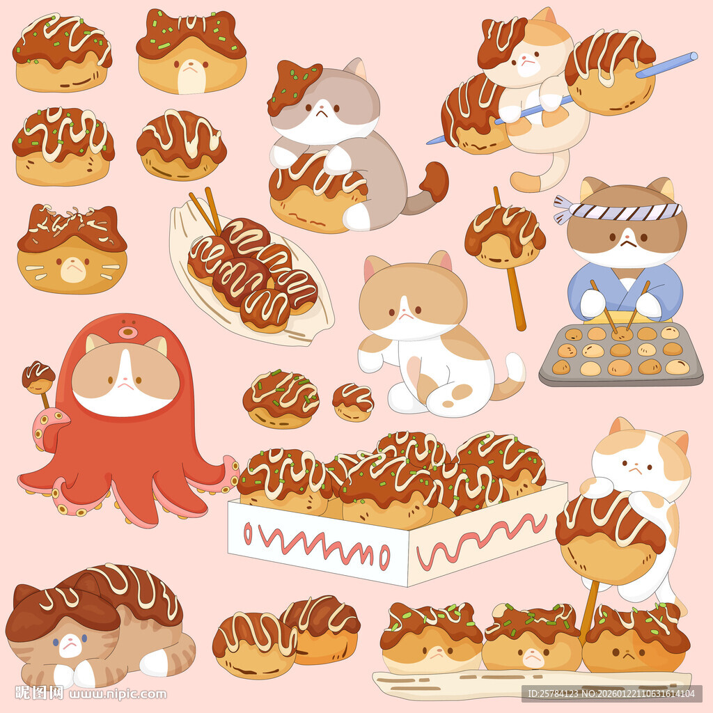 猫咪厨师章鱼小丸子零食美食插画