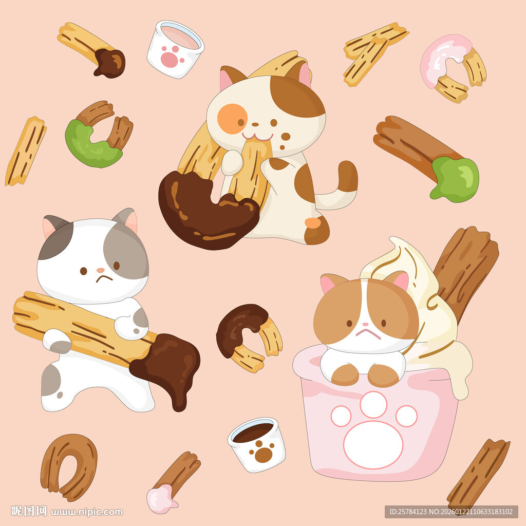 猫咪厨师抹茶奶油巧克力饼干插画