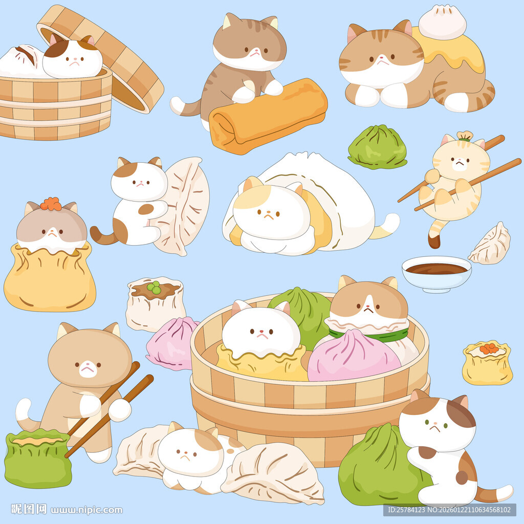 猫咪厨师早餐店包子饺子烧麦插画