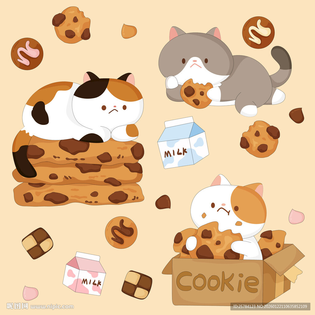 猫咪厨师牛奶曲奇巧克力饼干插画