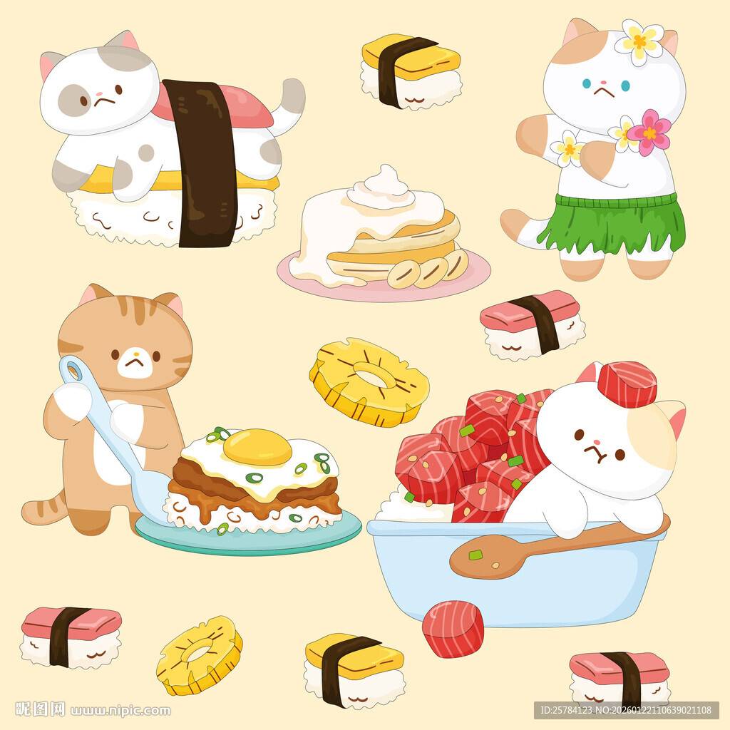 猫咪厨师寿司菠萝饭牛排抓饭插画