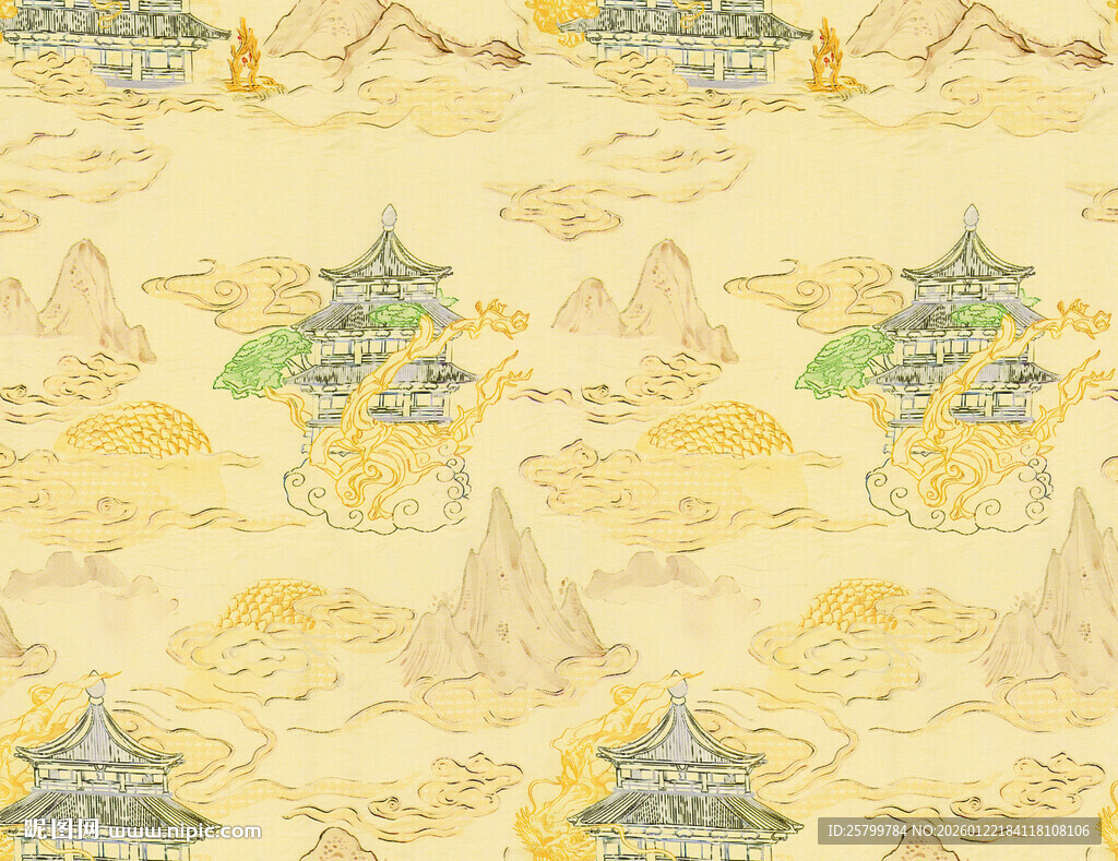 中式古典山水楼阁图案