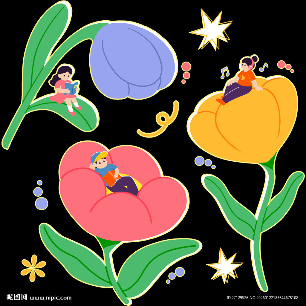 花朵上的童趣奇幻场景