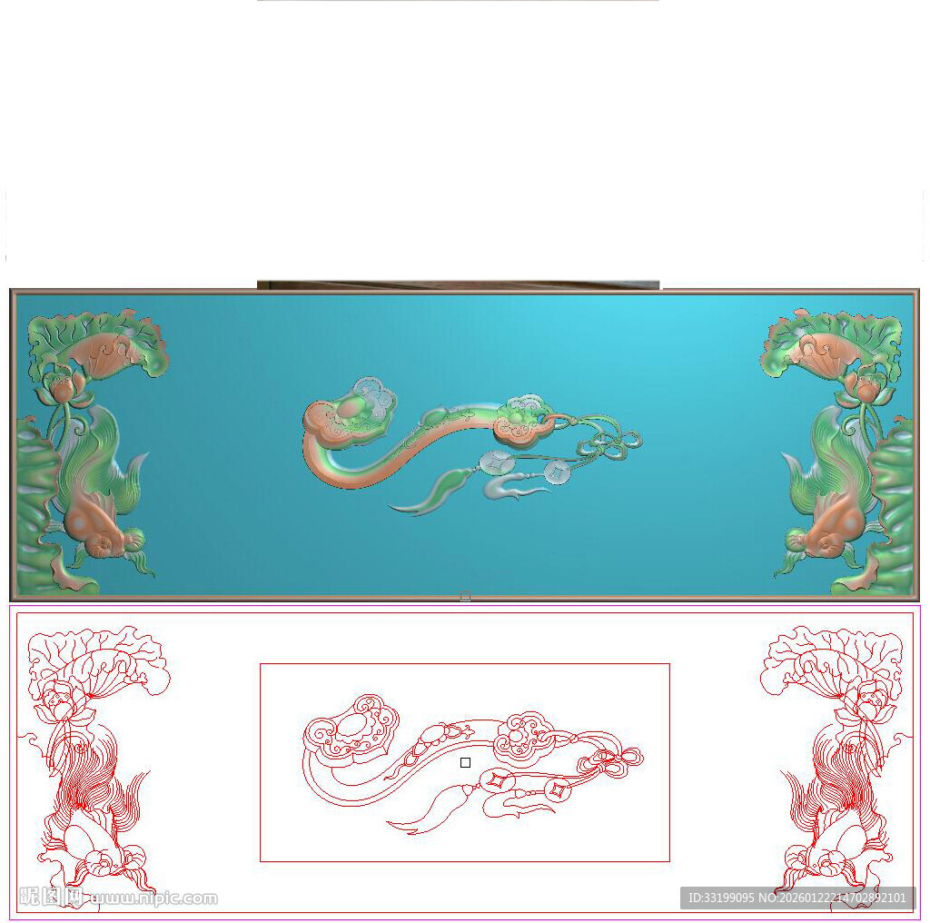 如意荷花金鱼门板床板挂匾精雕图