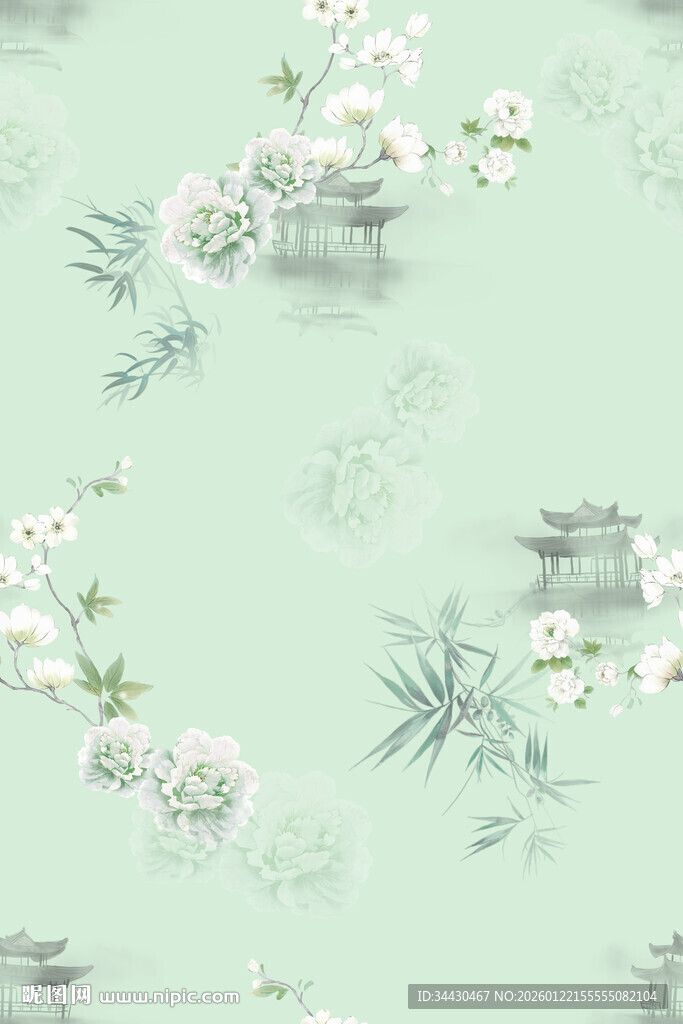 中式淡雅花卉山水图案