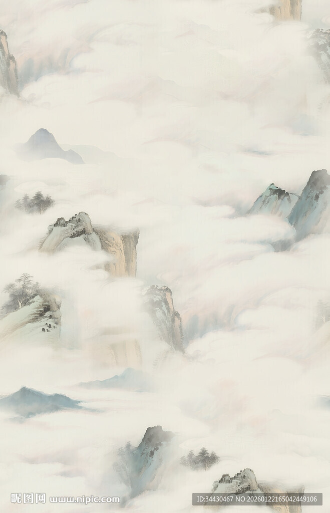 水墨云雾中的连绵山峦