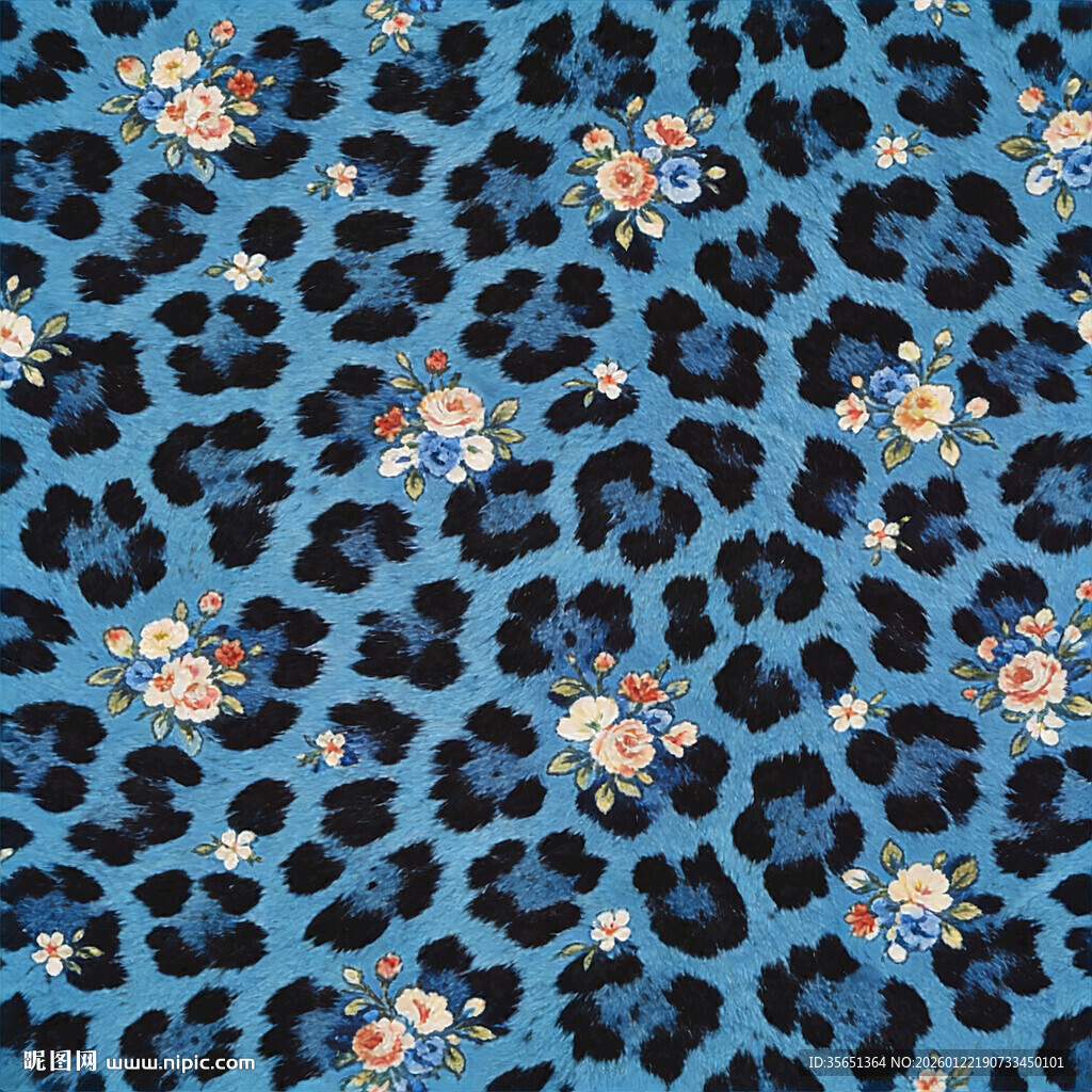 蓝色豹纹花卉图案布料