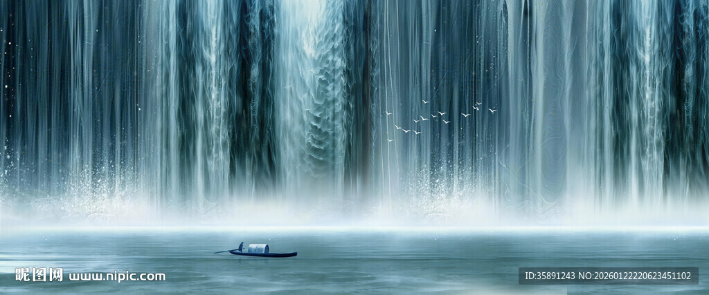 招财瀑布山水画