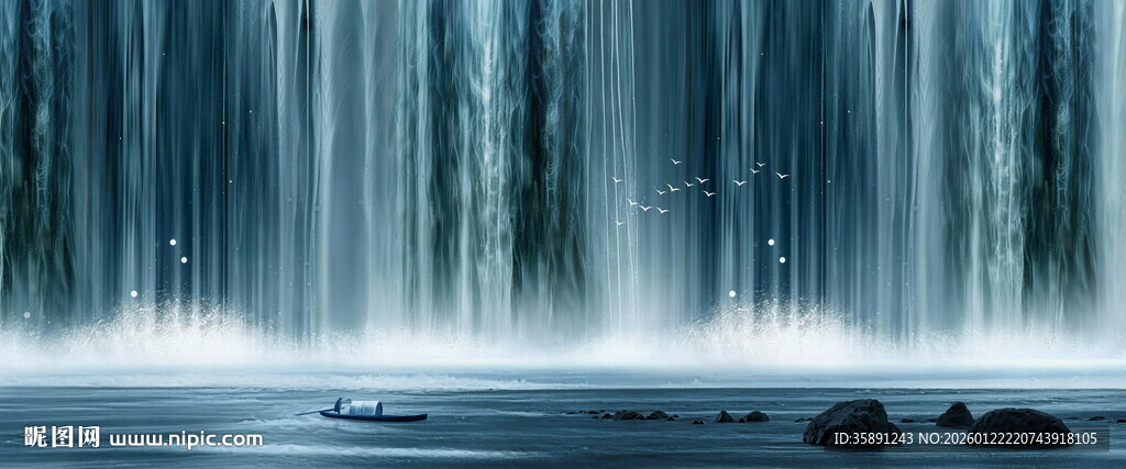 招财瀑布山水画背景图