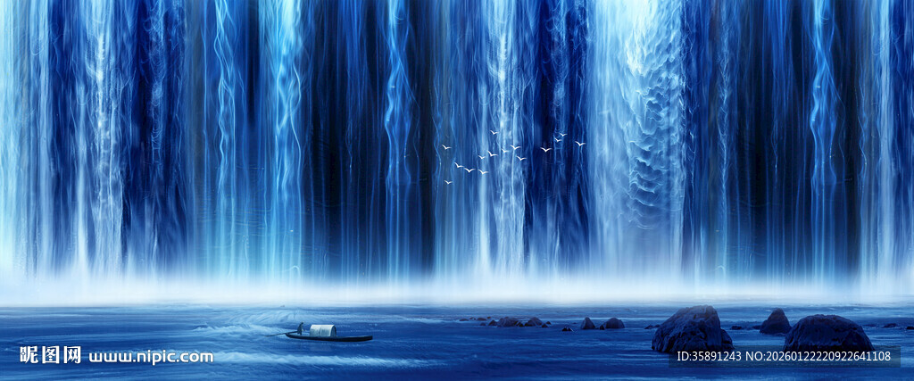 高山流水瀑布山水画