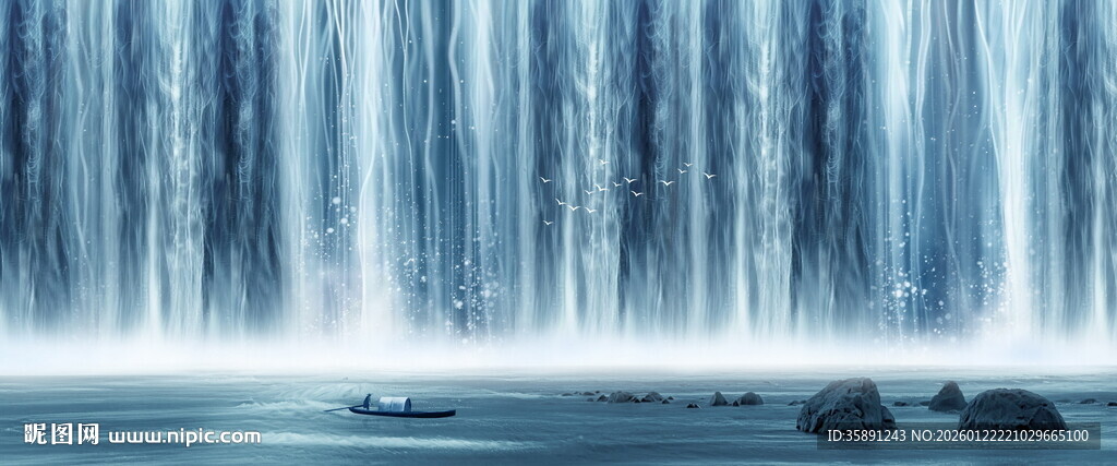 源远流长瀑布山水画背景图