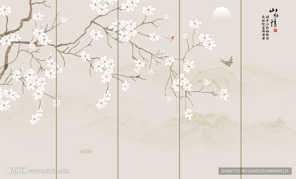 新中式工笔兰花花鸟画背景墙