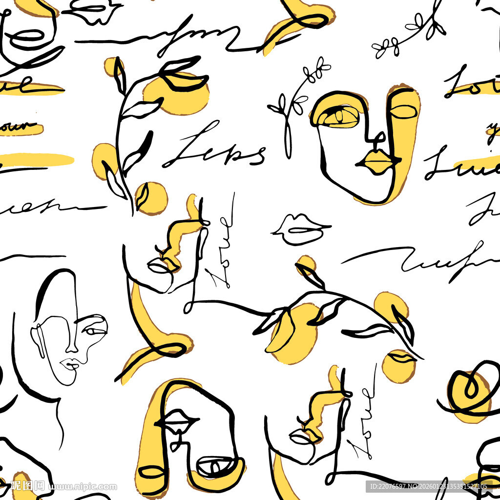 抽象手绘人脸与线条图案