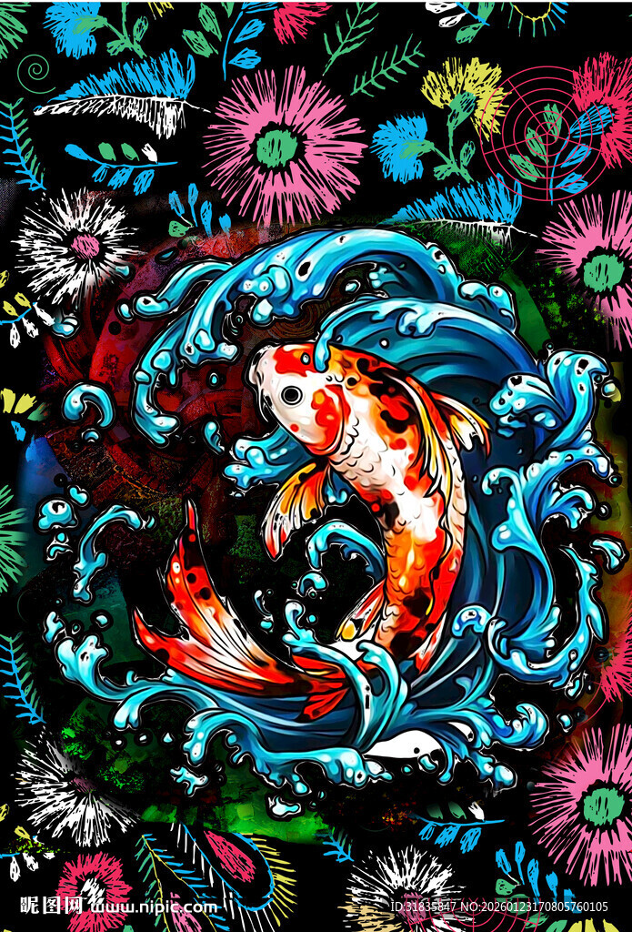 锦鲤戏浪刺绣图案