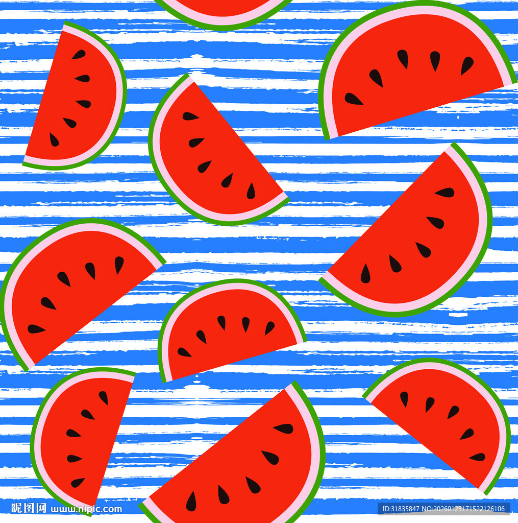 蓝底条纹上的西瓜切片图案